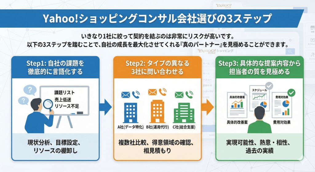 Yahoo!ショッピングコンサル会社選びの3ステップ
