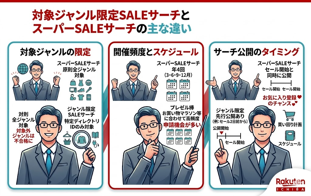 対象ジャンル限定SALEサーチとスーパーSALEサーチの主な違い